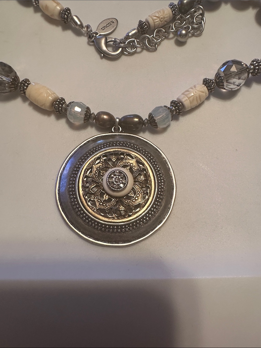 Chico's Silver Beaded Pendant Necklace